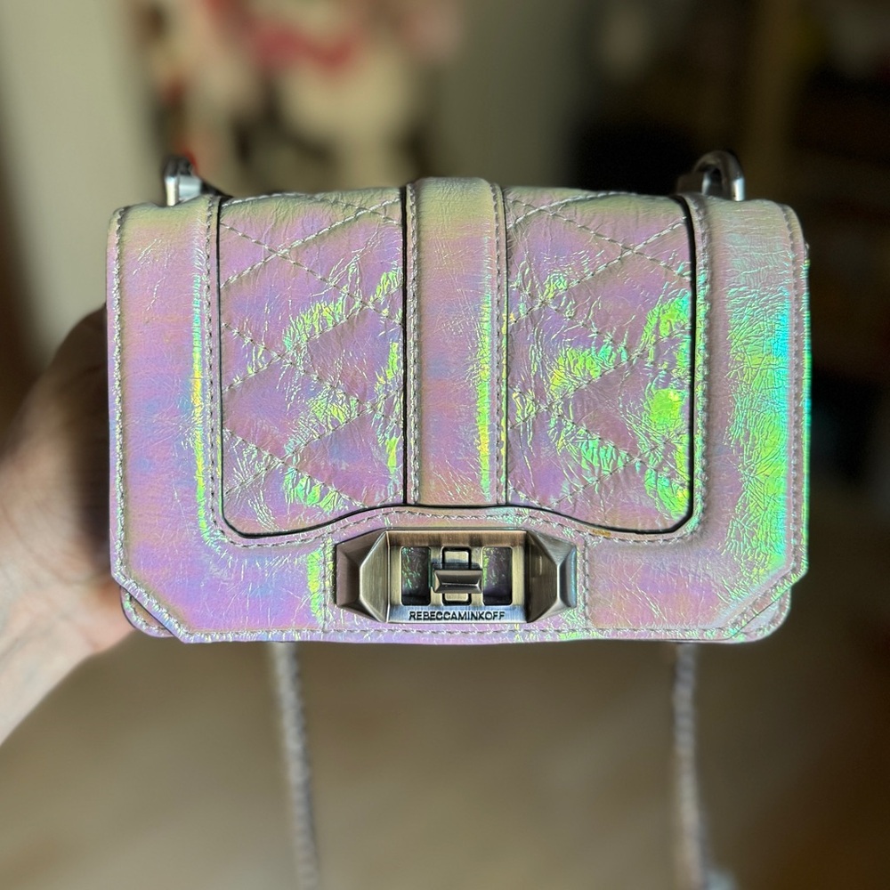 Rare Iridescent Rebecca Minkoff Mini Quilted Love Crossbody Shoulder Bag Purse